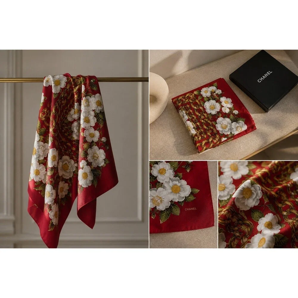 Vintage 90’s CHANEL Red 100% Silk Scarf White Floral Chain Print Logo 34